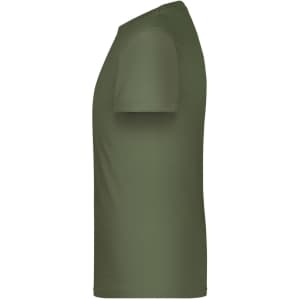 A green T-shirt with a crew neck and short sleeves, displayed from the side. It has a small logo present.