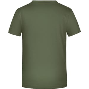 A plain olive green T-shirt featuring a standard crew neck and short sleeves. The shirt has a logo on the back.