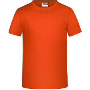 An orange T-shirt with a standard crew neck and short sleeves, featuring a logo on the label.