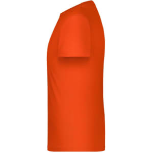 An orange t-shirt featuring a simple design with short sleeves and a crew neckline. It has a logo on it.
