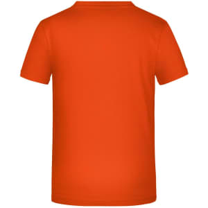 An orange T-shirt with a simple design, featuring a logo on the back.