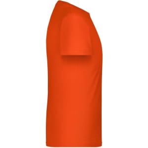 An orange T-shirt with short sleeves, displayed from a side view. It features a logo on the front.