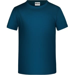 A solid teal t-shirt with short sleeves and a crew neckline, featuring a logo on the label.