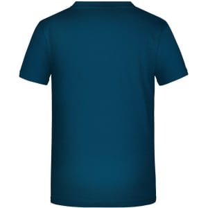 A blue T-shirt featuring a plain back design with short sleeves. It includes a logo on the fabric.