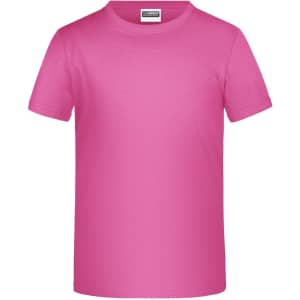 A pink T-shirt with short sleeves and a crew neckline, featuring a logo on the tag.
