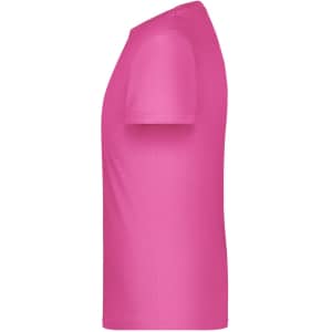 A pink T-shirt with short sleeves, featuring a plain design and a logo on the side.