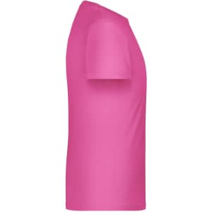A pink T-shirt with short sleeves, featuring a branded logo.