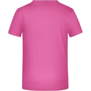 A pink T-shirt with a plain back. The shirt features a logo or branding.