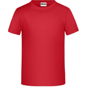 A red promotional T-shirt with short sleeves and a tag on the neckline. It features a branding logo.