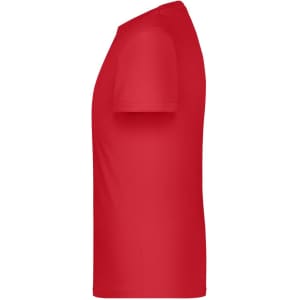 A red T-shirt displayed from the side, featuring a smooth fabric and a simple design. It has a logo visible on the front.