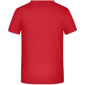 A red T-shirt displayed from the back, featuring a plain design and a logo on the neckline.