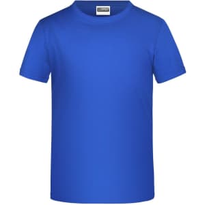 A blue T-shirt, featuring a classic crew neck design and short sleeves, with a label inside.