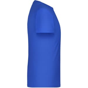 A blue T-shirt with short sleeves and a side view showcasing its shape. Features a branded logo.