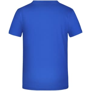 A blue T-shirt featuring a plain back design and a small logo at the neck area.