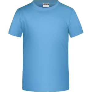 A blue T-shirt featuring a round neckline and short sleeves, with a label in the neck area.