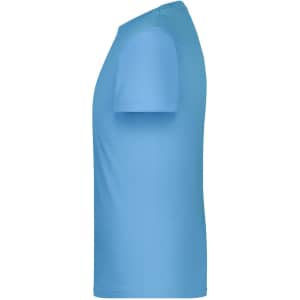 A light blue T-shirt with short sleeves, featuring a logo on the side.