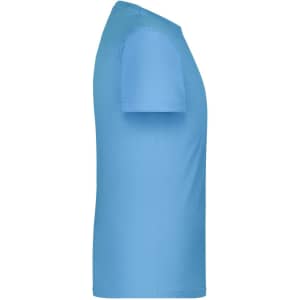 A blue T-shirt is displayed from the side, featuring a smooth finish and short sleeves. It has a logo.