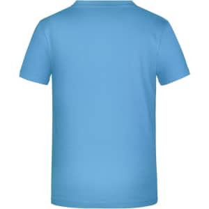 A light blue T-shirt with a crew neckline and short sleeves, featuring an unspecified logo on the back.
