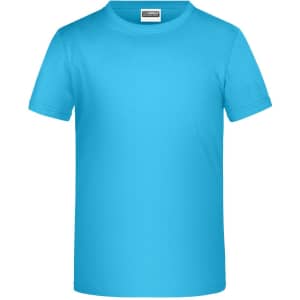 A bright blue T-shirt with short sleeves and a crew neck, featuring a logo on the front.