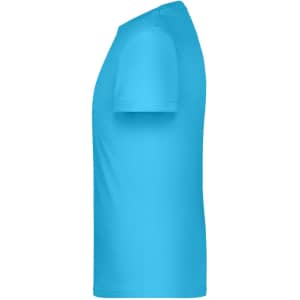 A bright blue t-shirt in a side view, featuring a simple design and short sleeves. It has a logo on it.