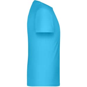 A blue t-shirt with short sleeves, featuring a simple design and a logo on the side.