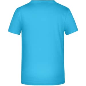 A bright turquoise T-shirt featuring a plain back and short sleeves. It has a logo on the back.
