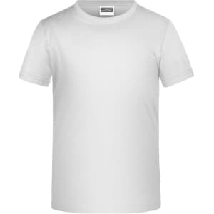 A plain white short-sleeved T-shirt with a label and a logo.