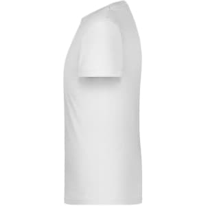 A white T-shirt with short sleeves, shown from the side. It features a logo on the front.