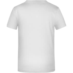A white T-shirt featuring short sleeves and a simple design, with a logo on the back.