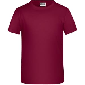 A maroon T-shirt with a round neck and short sleeves, featuring a logo on the front.