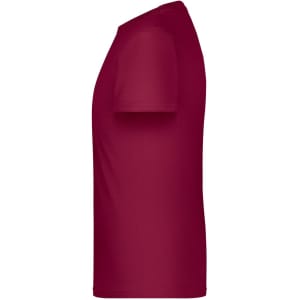 A red t-shirt with short sleeves, displayed from the side. The shirt has a minimal design and includes a logo.