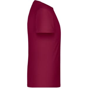 A side view of a maroon T-shirt, featuring short sleeves and a plain design. It includes a logo on the fabric.