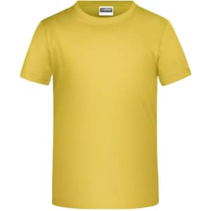 A yellow T-shirt with a crew neckline and short sleeves, featuring a logo branding.