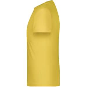 A yellow T-shirt featuring a simple, plain design and short sleeves. It has a logo on one side.