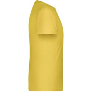 A yellow T-shirt with short sleeves and a plain design, featuring a logo on the front.