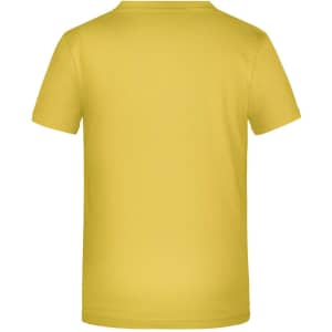 A plain yellow T-shirt with a round neckline and short sleeves. The back view reveals no additional design elements.
