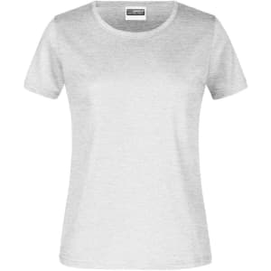 A light grey women's T-shirt with short sleeves and a round neckline. It features a logo on the label.