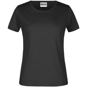 A black women's t-shirt with short sleeves, featuring a round neckline and a logo on the label.