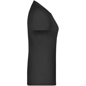 A black fitted T-shirt with short sleeves, featuring a plain design and a logo on the side.