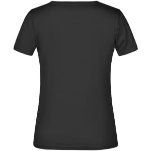 A black women's T-shirt with short sleeves, featuring a smooth, plain back design and a subtle logo.