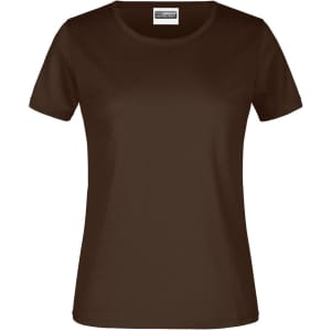 A brown women's t-shirt with short sleeves, featuring a round neckline and a logo on the label.