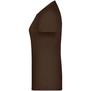 A brown women's t-shirt with a fitted design and short sleeves. It features a logo.