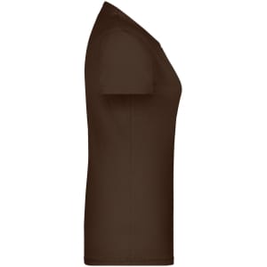 A brown women's T-shirt with a fitted design and short sleeves, featuring a logo.