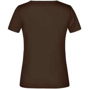 A brown T-shirt with a short sleeve and a plain back. Features a logo on the neck area.