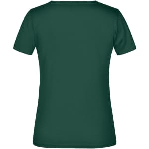 A green women's t-shirt with a short sleeve design and a plain back. It features a logo.