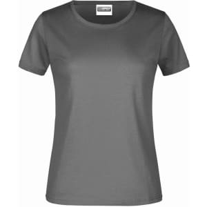 A grey women's T-shirt with a round neckline and short sleeves. The shirt has a logo on the label.