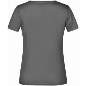 A grey women's T-shirt featuring a fitted design and short sleeves. The back view shows a simple, clean look.