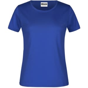 A blue women's t-shirt with short sleeves and a round neckline. The shirt features a branding logo.