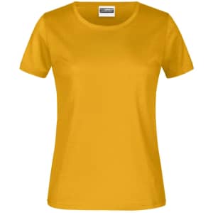 A yellow women's T-shirt with a round neck and short sleeves, featuring a branding logo.