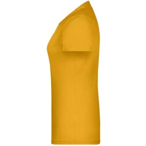 A yellow women's T-shirt with short sleeves and a side profile view, featuring a logo.